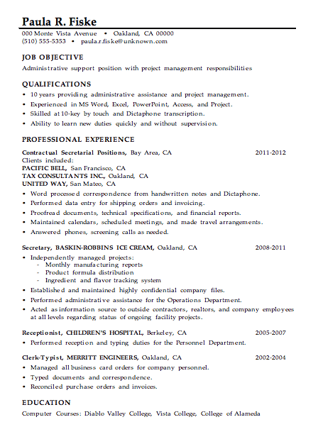 resume sample administrative support project management