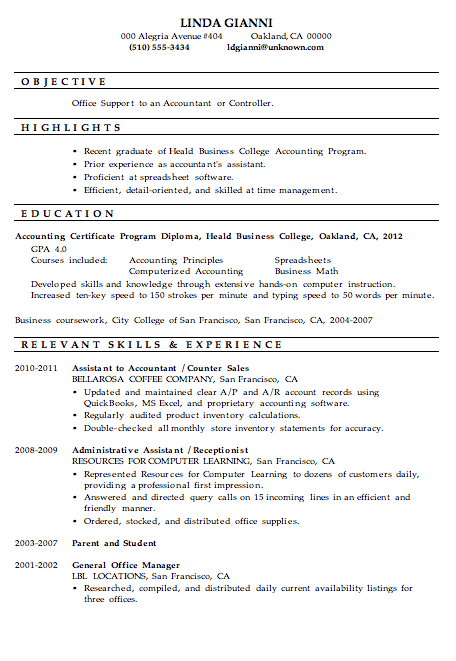 Sample of professional accounting resume