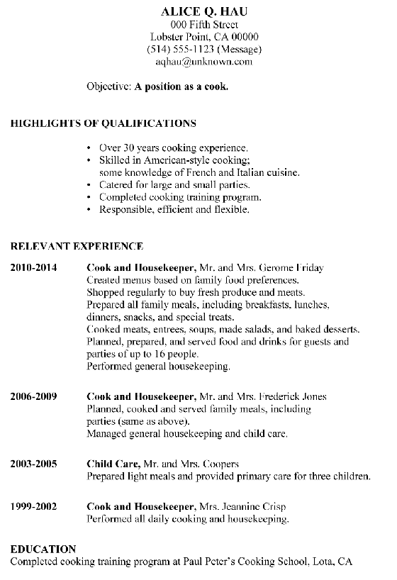 Cooking resume sample