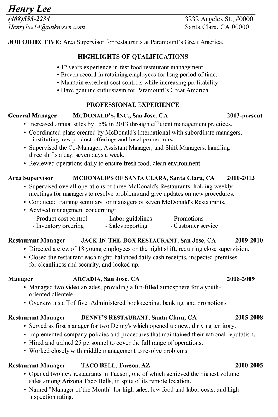 Sample resume of supervisor