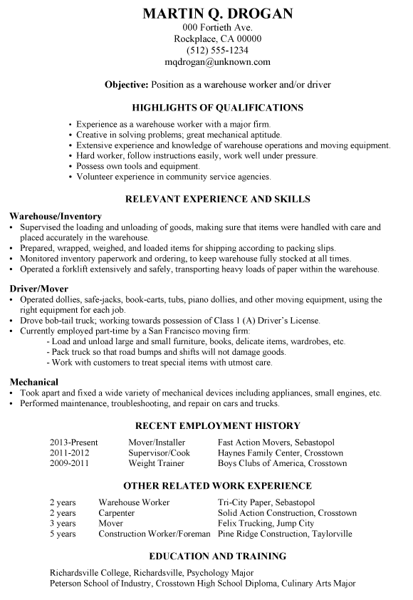 Resume for a warehouse job
