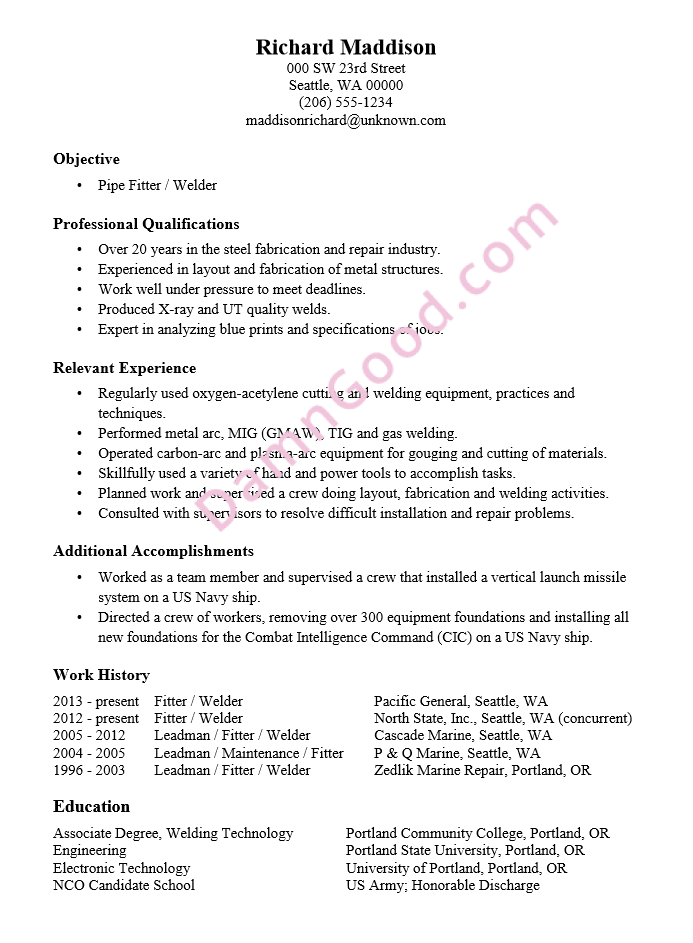 Sample resume of pipefitter in construction