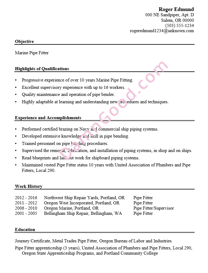 Sample resume of pipefitter in construction