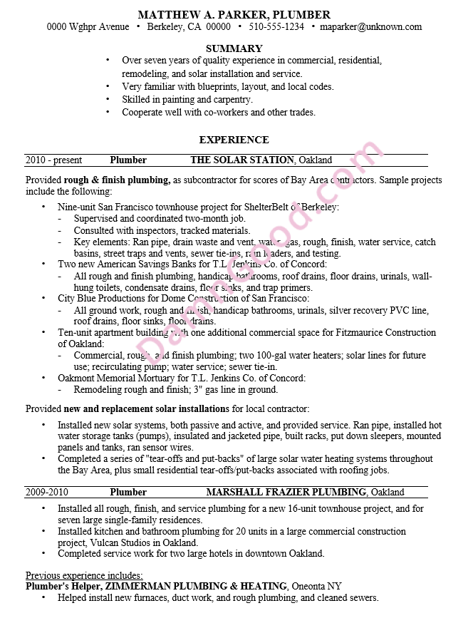 Construction remodeling resume
